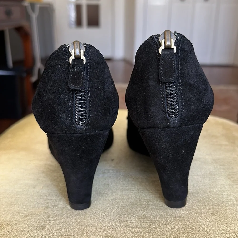 Emporio Armani Black Suede Wedge Booties with Ruffle and Back Zip EUR 40 US 9.5